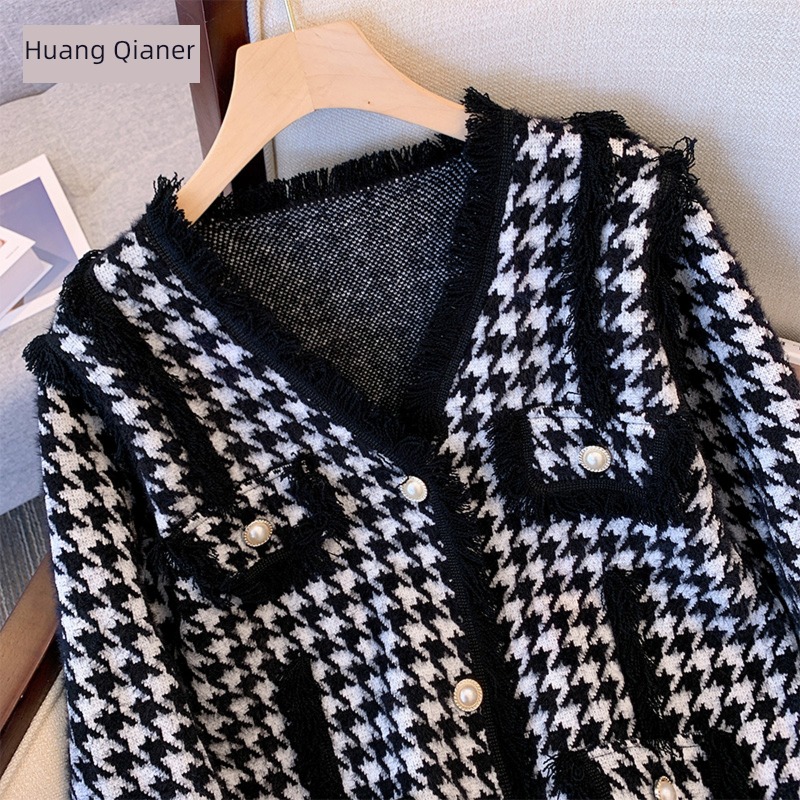 Little fragrance Tweed Spring  houndstooth  loose coat