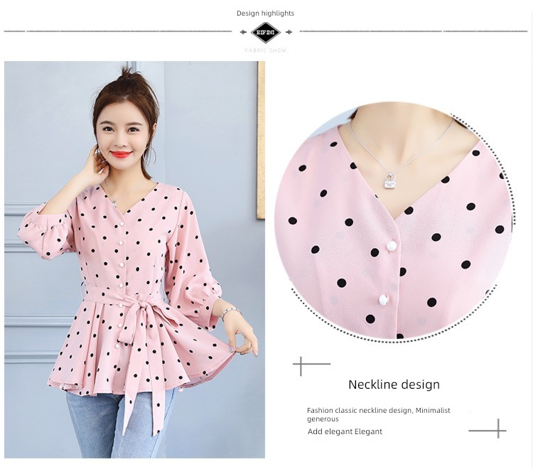 Korean version Temperament lady Frenulum Close your waist Skirt Ruffles Baby shirt jacket Short sleeve Wave point Chiffon shirt female summer