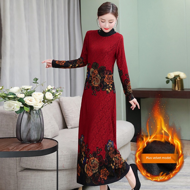 Autumn and winter ethnic style Plush thickening Middle aged and elderly Dress