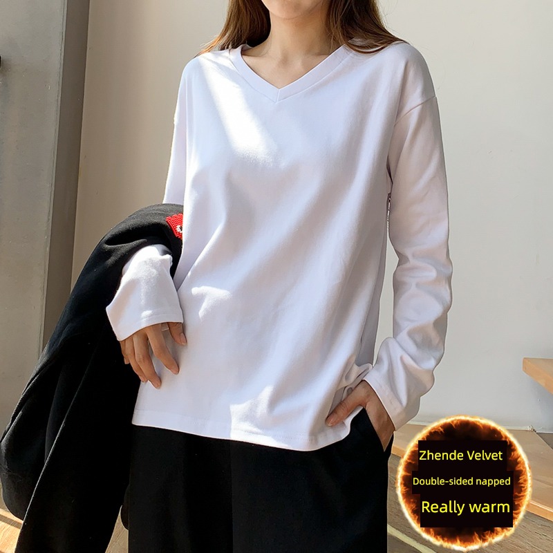 easy autumn V-neck Korean version Inner lap white Long sleeve T-shirt