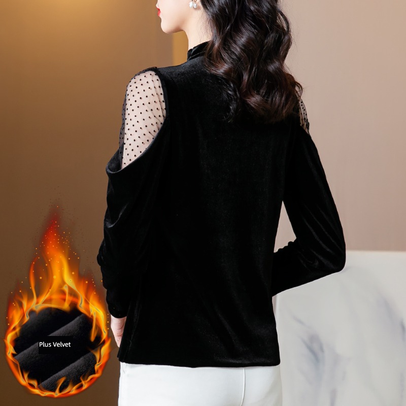 Autumn and winter Half high collar black Plush T-shirt fashion Lace
