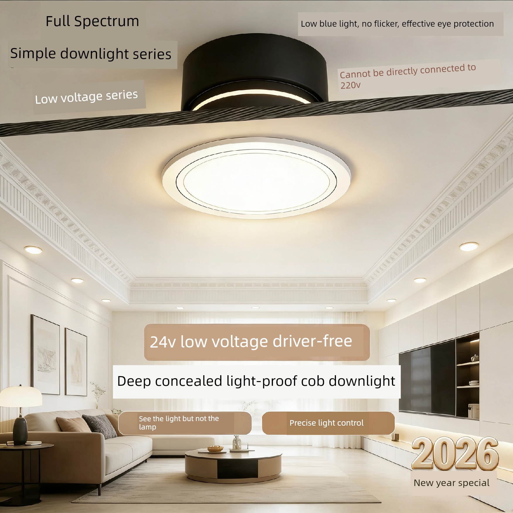 Low Voltage 24V Small Hill-Shaped Recessed Spotlight 75mm for Home Use in Living Room, Narrow Edge, Deep Cup, Anti-Glare, Constant Voltage, High Brightness Downlight