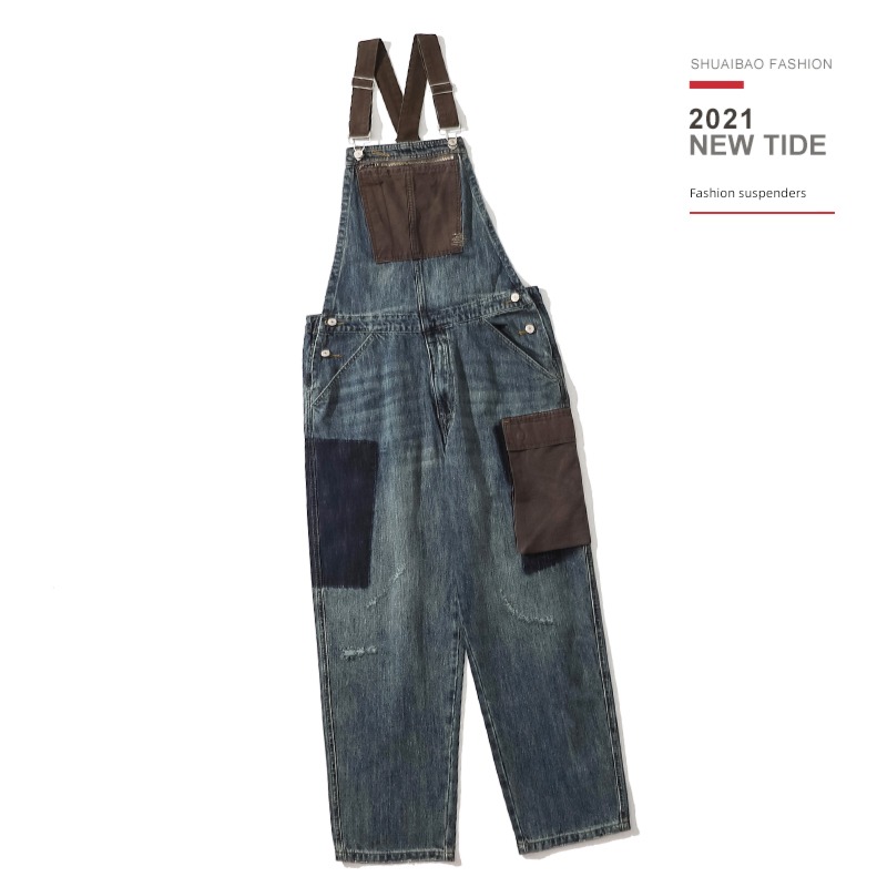 solar system Retro Belt pants men and women Color contrast crane Conjoined work clothes