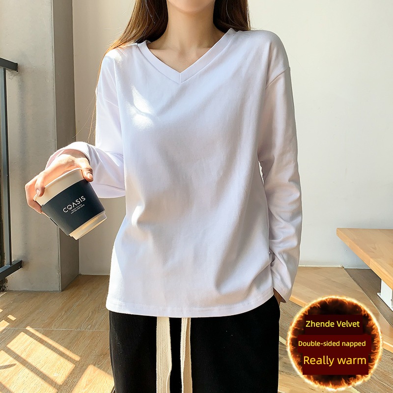 easy autumn V-neck Korean version Inner lap white Long sleeve T-shirt