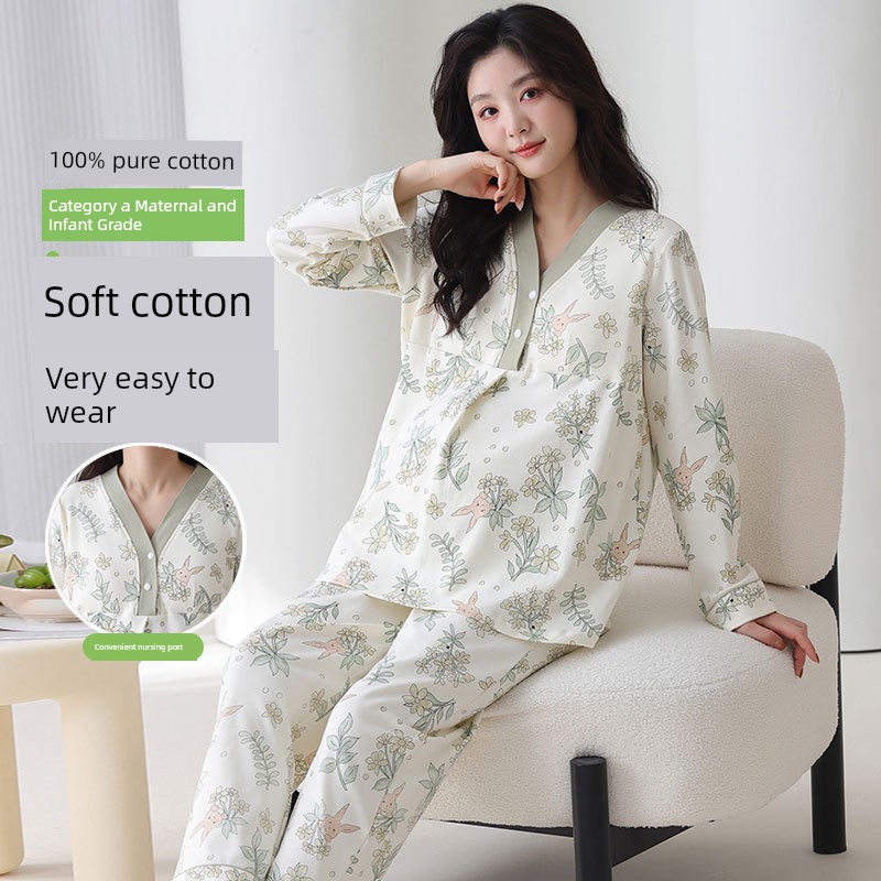 All-Cotton Class a Pure Cotton Maternity Postpartum Pajamas for Autumn and Winter, Large Size, Thickened, with Breast Pads, for Breastfeeding at Home
