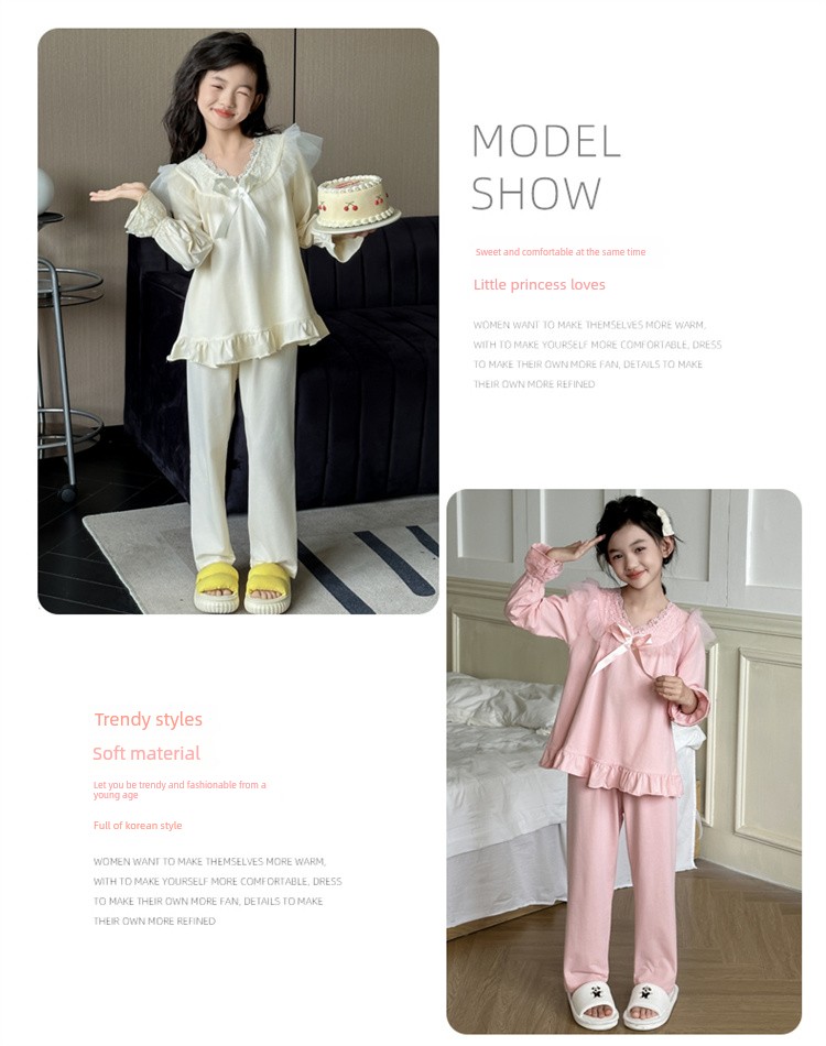 Children's Pajamas Spring and Autumn Pure Cotton 2026 New Style Big Girls' Home Wear Autumn Long-Sleeve Kids' All-Cotton Set Stylish — 9