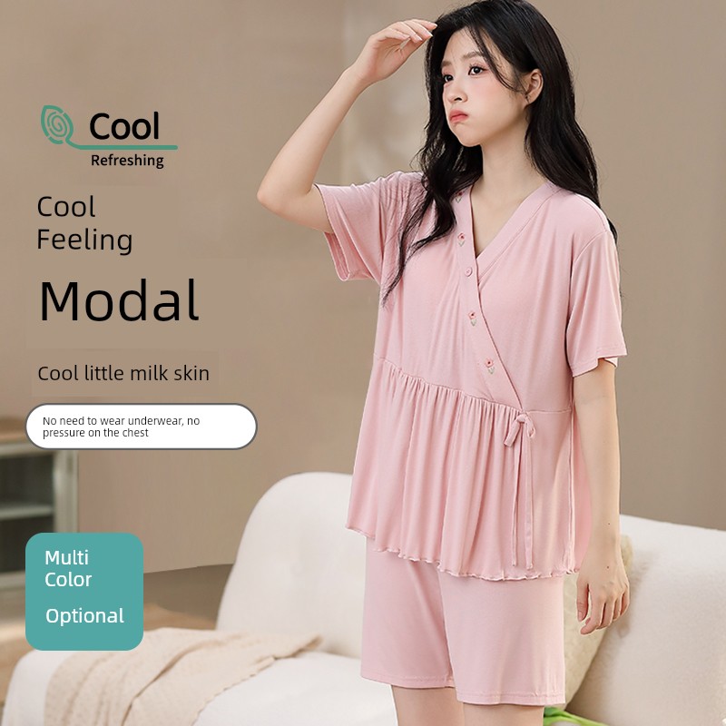 Modal Maternity Pajamas with Chest Pads for Women, Summer Thin Short-Sleeve Nursing Sleepwear for Postpartum Women, Summer Maternity Loungewear — 3