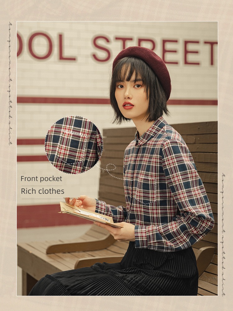 Inman  Long sleeve easy Retro Hong Kong flavor lattice shirt