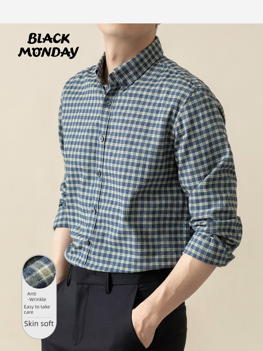 Inch shirt Ground wool cotton Plaid Long sleeve leisure time shirt