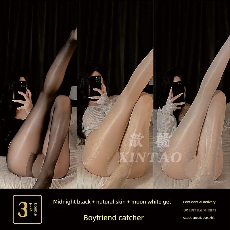 Horse Oil Stockings, Pure White Silk Pantyhose, Sexy Thin Anti-Snag Oil-Shine Black Stockings, Open-Crotch Lace — 7