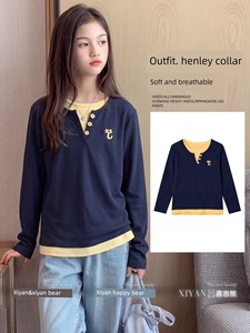 Girls' Long-Sleeve T-Shirt Autumn Outfit Henley Collar Top for Older Girls Autumn Base Shirt Faux Two-Piece Spring and A
