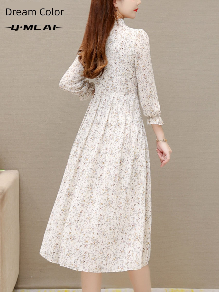 French Spring High waist mom Long sleeve Chiffon Dress
