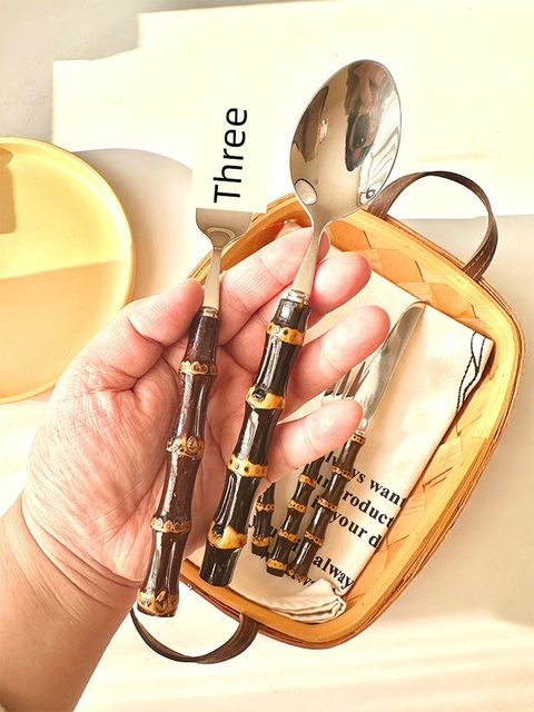 Retro Japanese Natural Bamboo Western Tableware Set Steak Knife and Fork Spoon Restaurant 304 Stainless Steel Dessert Fork Spoon