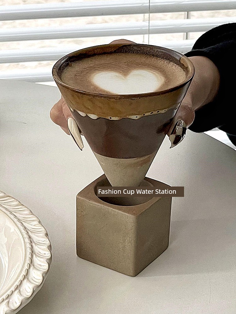 復古風瓷器咖啡杯 拿鐵拉花杯 中式創意漏斗狀粗陶馬克杯