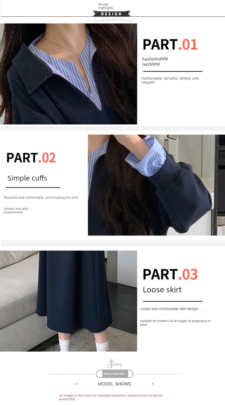 Maternity Dress 2026 Autumn Collection, High-End Style, Discreet during Pregnancy, Striped Patchwork, Faux Two-Piece, Turn-Down Collar, Office Dress — 7