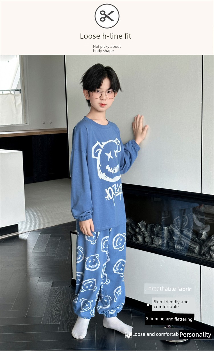 Cotton Boys' Pajamas for Spring and Autumn, Pure Cotton Long-Sleeved Plus-Size, Suitable for Wearing Outside, Autumn Style, Youth Student Loungewear — 5