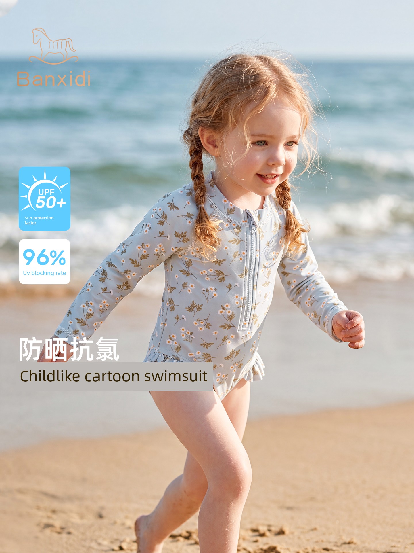 Banxidi Girls' Sun Protection Swimsuit 2026 New Baby Cartoon One-Piece Long-Sleeved Swimsuit Kidsren's Princess Swimsuit