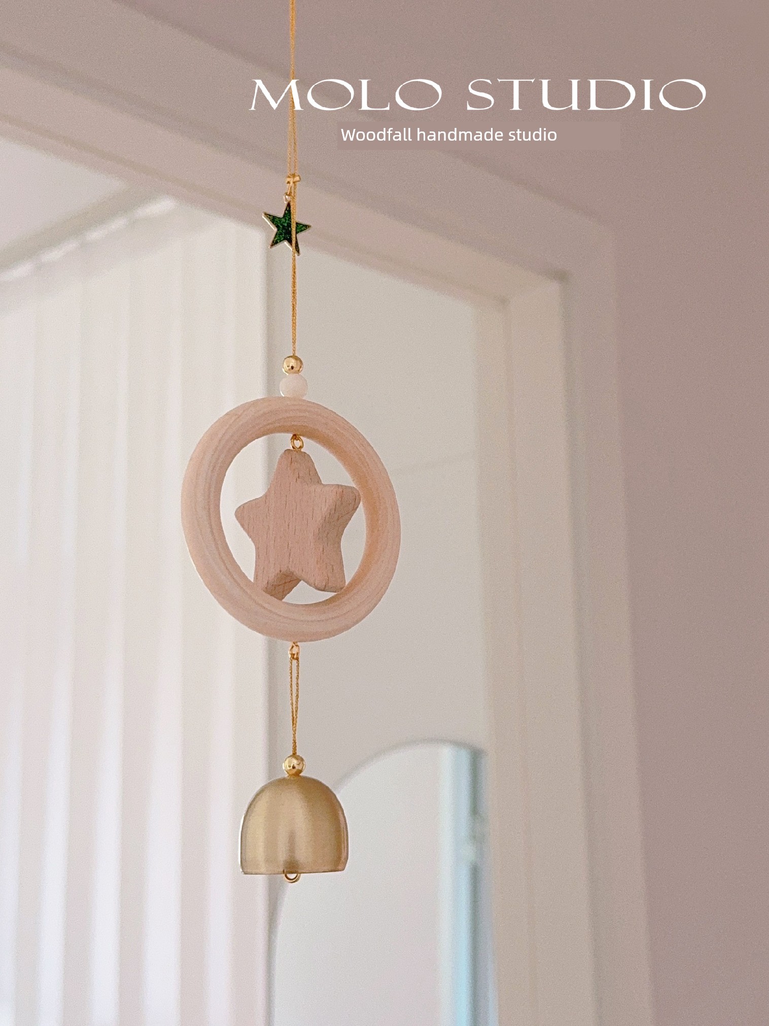 Wishing Star Solid Wood Star Copper Bell Pendant Blessing Dopamine Door Hanging Garden Aerial Decoration Ornament
