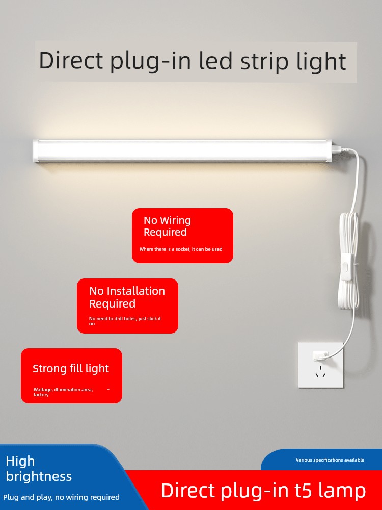 No-Drill Plug-In Led Strip Light with Switch Plug, Fluorescent Tube, Dormitory Desk Lamp, Super Bright, Cool for the Dorm Room