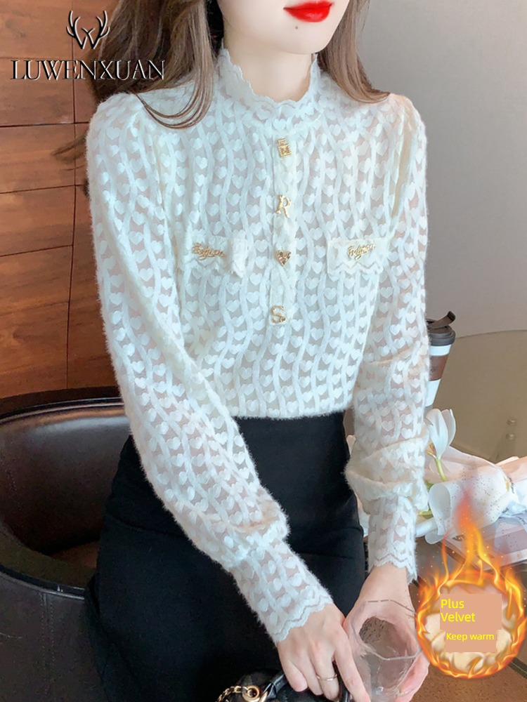 Plush thickening Autumn and winter Lace Undershirt Women's wear Autumn and winter clothes 2022 new pattern fashion Inner lap French jacket