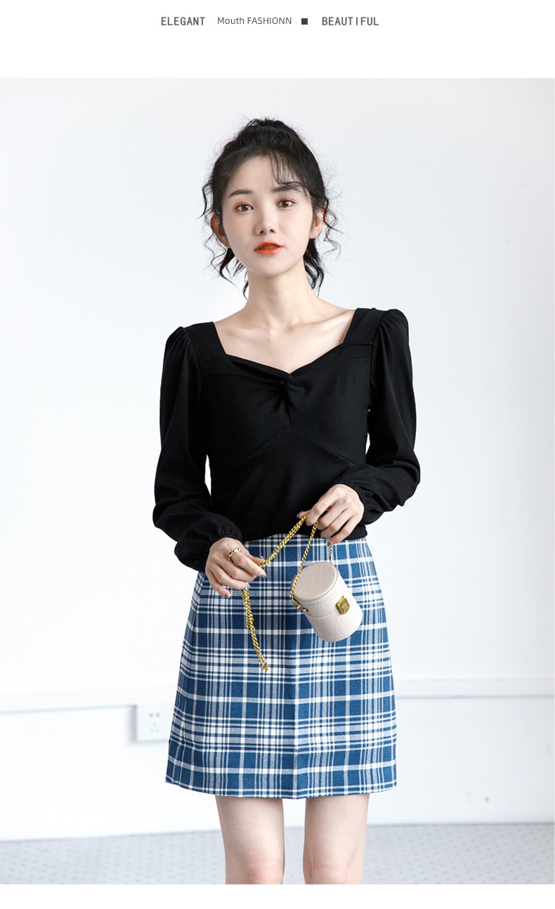 spring and autumn French Exposed navel square neck jacket Long sleeve T-shirt