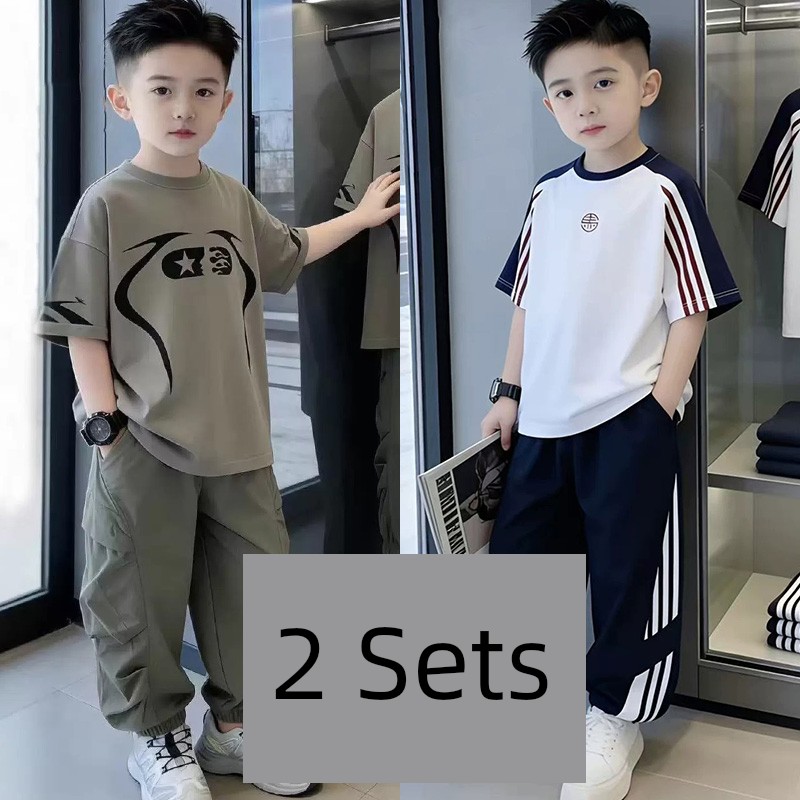 Boys' Short-Sleeve T-Shirt Set 2026 New Trendy Street Style Cool Children's Summer Outfit Boys' Clothing Big Kids Summer Two-Piece Set — 7