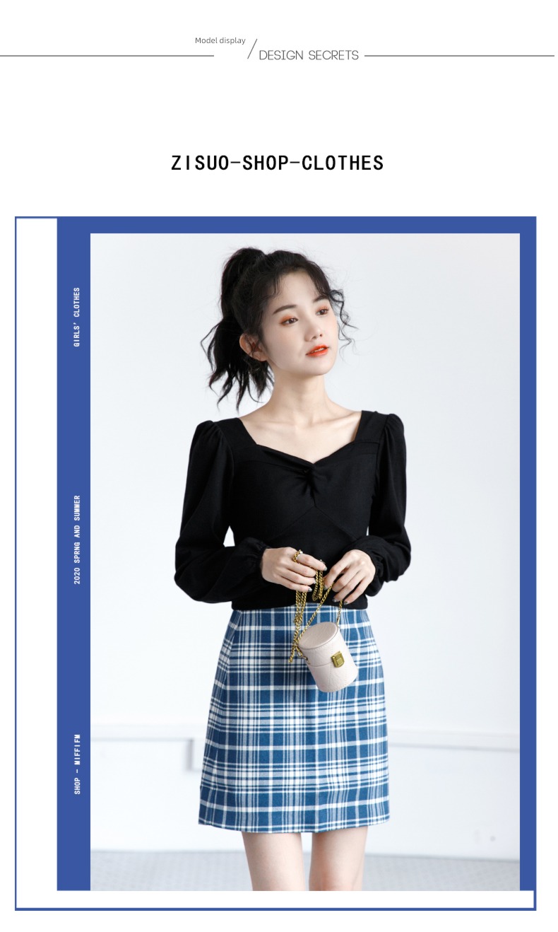 spring and autumn French Exposed navel square neck jacket Long sleeve T-shirt