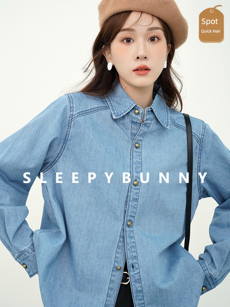 Sleepy rabbit blue Retro easy Long sleeve cowboy shirt