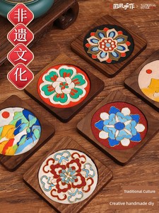 Intangible Cultural Heritage Cloisonné Enamel Painting DIY Handmade Materials Wooden Coasters Traditional Chinese Style