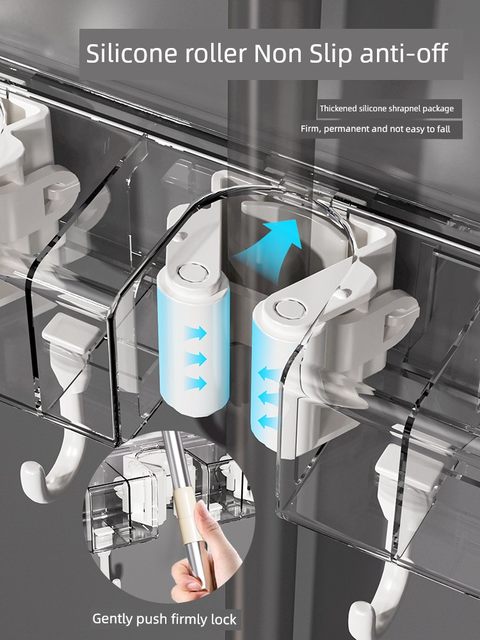 Wall-mounted mop clip rack rust-proof and hole-free toilet bathroom balcony snap-fixed broom storage rack