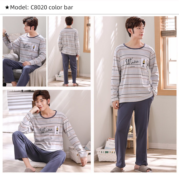 male Long sleeve Cotton Big size Autumn  summer suit pajamas