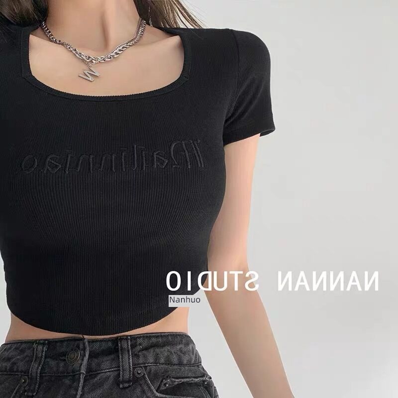 T-shirt Self-cultivation Korean version High waist Half sleeve thread Embroidery