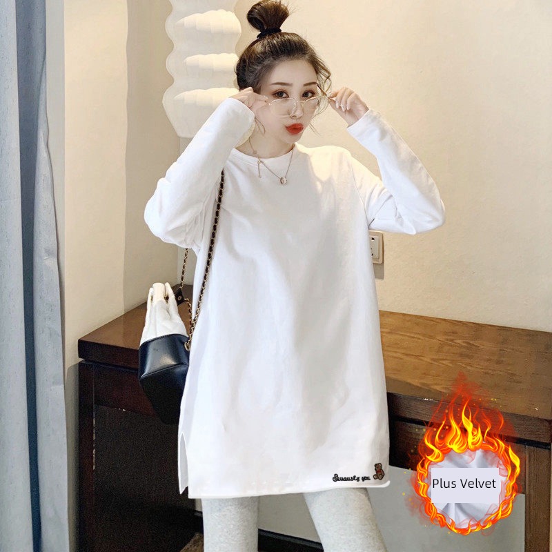 white Inner lap Derong Undershirt ma'am Autumn and winter Plush Medium and long term little chap Significantly high Long sleeve T-shirt jacket