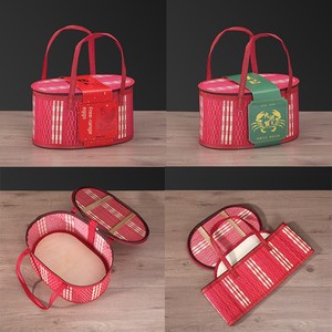 Red Festive Handmade Bamboo Basket for Storing Eggs and Crabs, Woven Storage Bag, Vintage Bamboo Bag