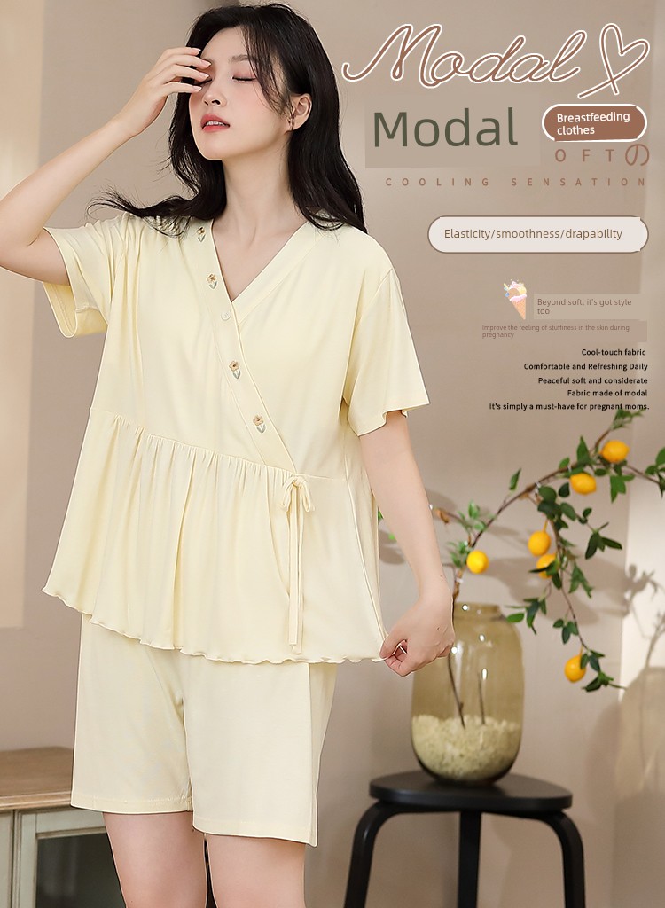 Modal Maternity Pajamas with Chest Pads for Women, Summer Thin Short-Sleeve Nursing Sleepwear for Postpartum Women, Summer Maternity Loungewear — 1