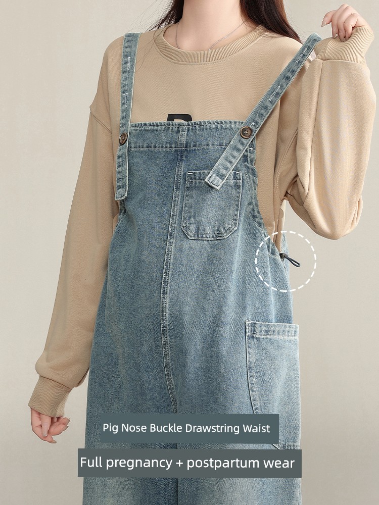 Maternity Denim Overalls That Don'T Squeeze the Belly, Loose-Fitting Plus-Size Pants for Autumn, Age-Reducing Wide-Leg Pants for Pregnant Women, Fall Wear — 3