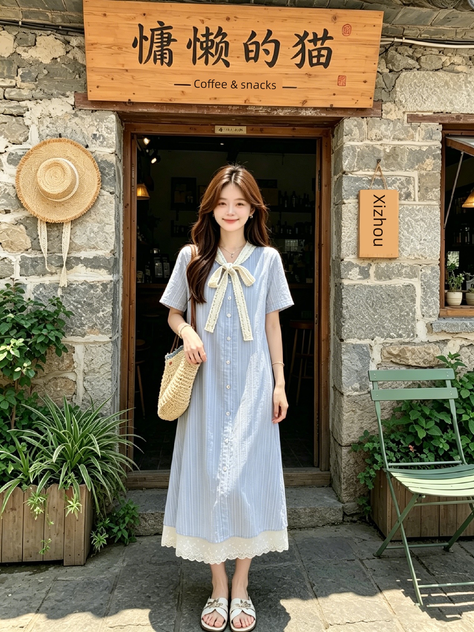 Maternity Dress Summer Thin Style 2026 New Blue Sweet Lace Splicing Short-Sleeved A-Line Dress Mid-Length for Women — 5