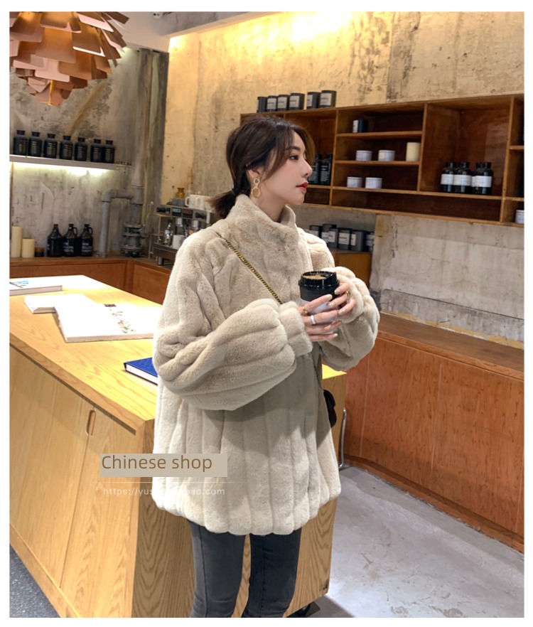 2022 Autumn and winter Imitation rabbit hair leather and fur female Medium and long term Plush clothes easy Lamb hair overcoat stand collar Maomao loose coat