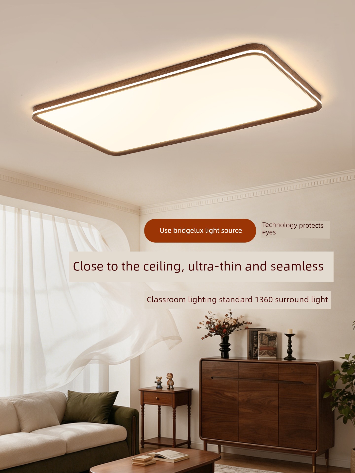 Living Room Lamp in Antique Style, Peach Wood Color, Main Living Room Light, Retro Dining Room and Bedroom Lighting, Minimalist Ultra-Thin Ceiling Lamp E002