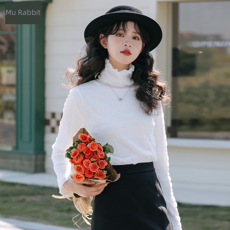 Moxa rabbit October 31 New products Autumn and winter High collar Plush Solid color Lace shirt female