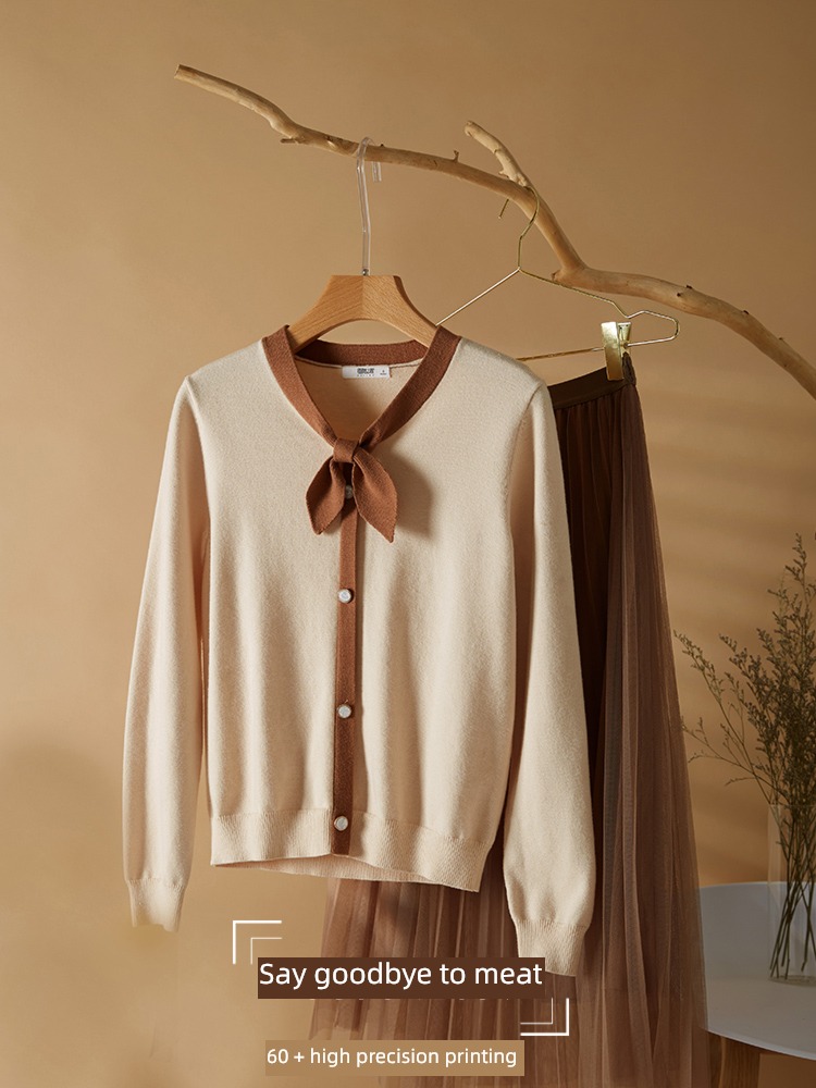 Sllsky  temperament Color contrast V Collar gauze Knitted suit