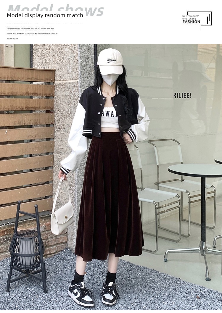 Autumn and winter High waist Sagging sensation Big swing Velvet skirt