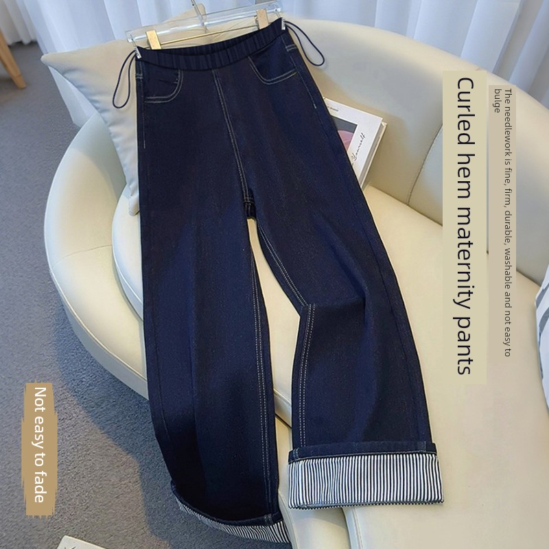 Maternity Denim Blue Long Pants Autumn Cropped Rolled Hem Striped Jeans Wide-Leg Pants Casual Pants for Spring and Autumn