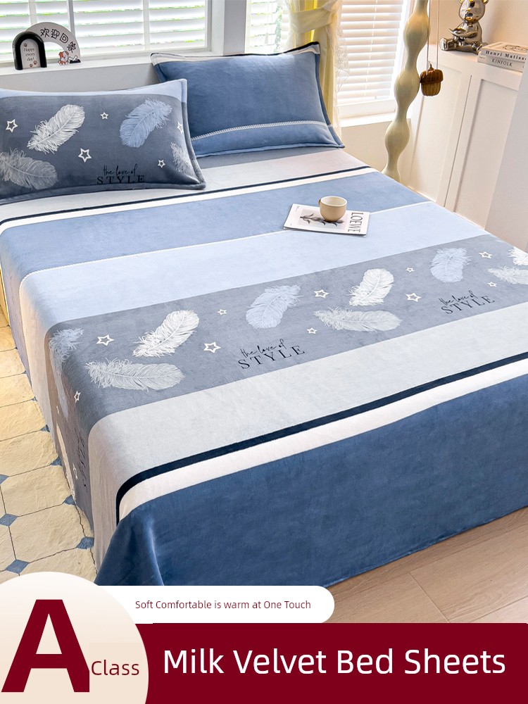 Milk Velvet Coral Fleece Bed Sheet Single Piece Plus Fleece Blanket Throw Blanket Flannel Thickened Winter Dormitory Single/Double Bed Sheet