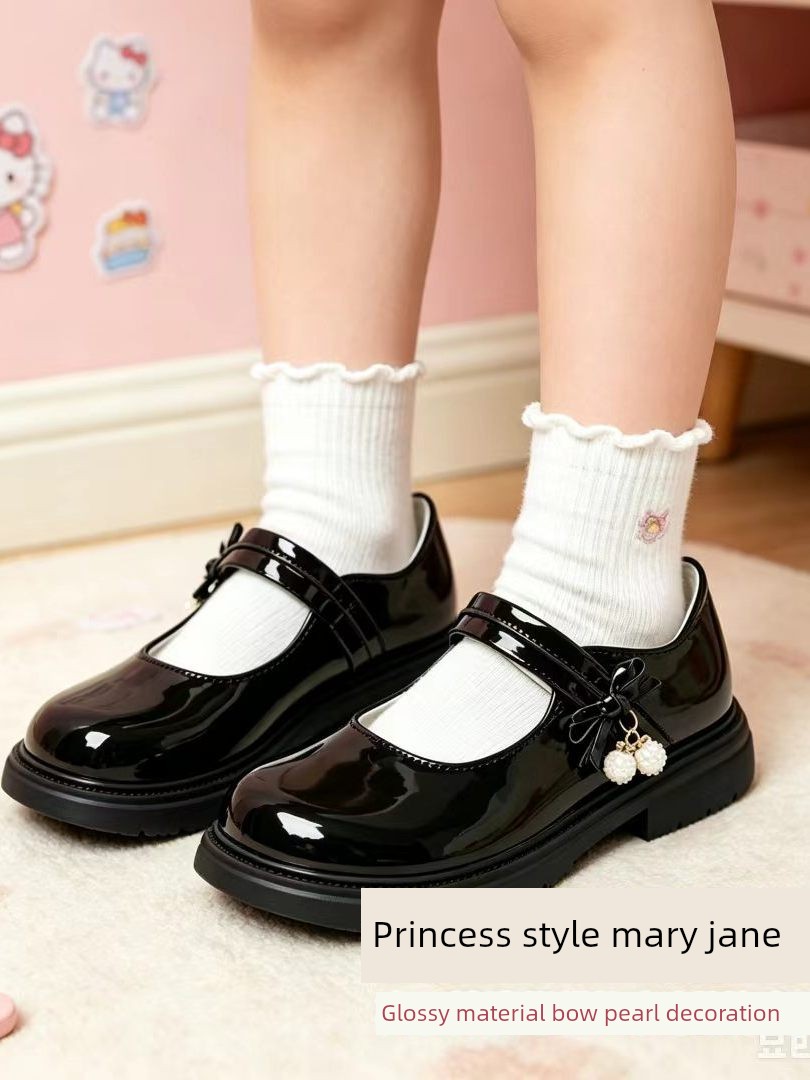 Girls' Leather Shoes, Princess Shoes, New Spring Style, Soft-Soled Mary Jane Children's Shoes, Stylish Black Performance Shoes for Students