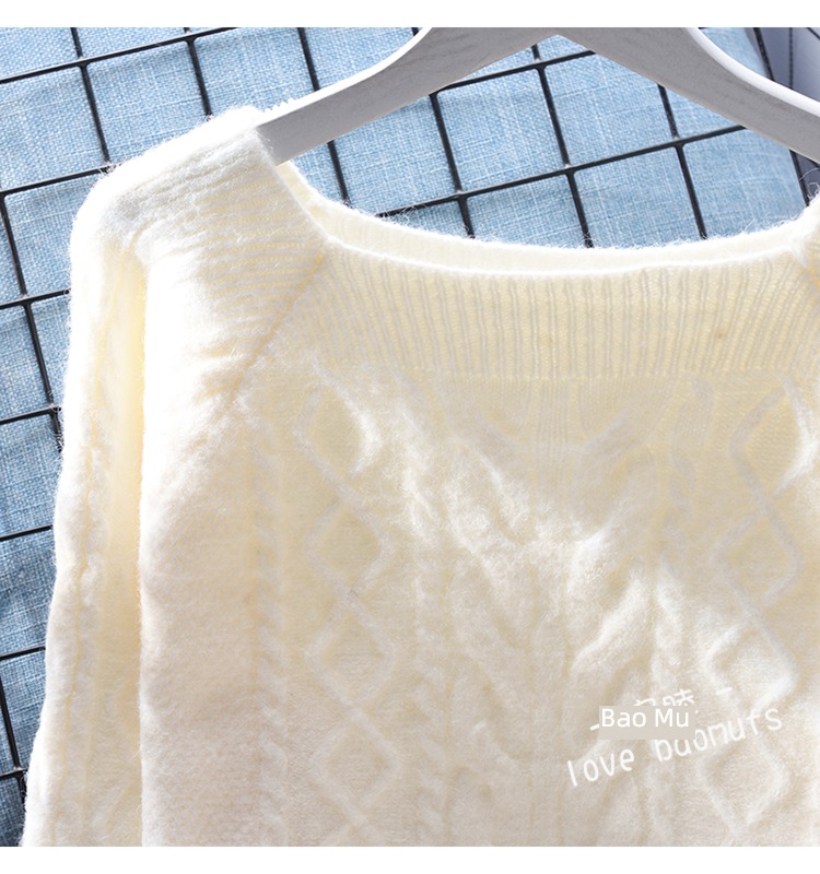 easy Wear out Korean version square neck white Hemp flowers sweater