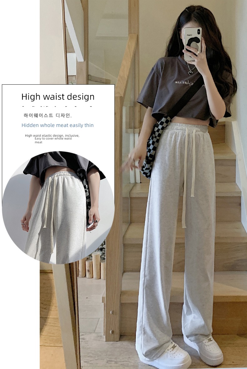female Autumn and winter High waist leisure time Plush grey Sports pants