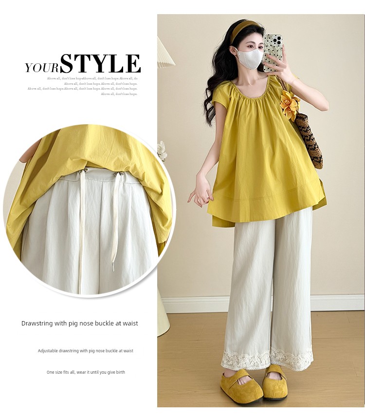 Maternity Outfit Summer 2026 New French Style Pregnancy Wear, Top to Cover Belly and Wide-Leg Pants Two-Piece Set, Thin Style — 7