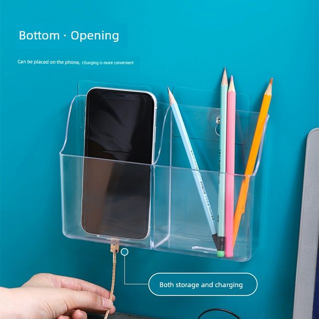 Wall-mounted remote control storage box Mobile phone charging without punching transparent storage box Bedside multi-function storage rack