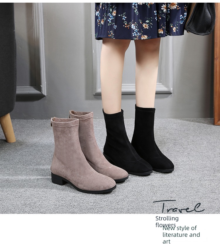 Thick heel Show thin Big size black Versatile Socks Short boots
